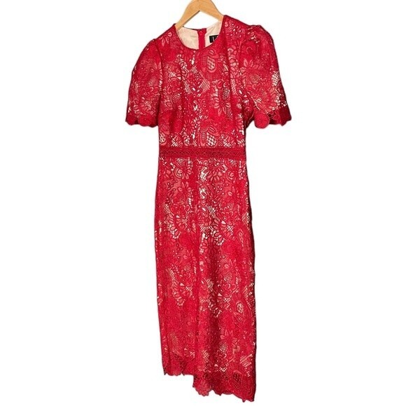 NWT Lulus Red Crochet Lace Amore Fitted Midi Dress Size XS Wedding Guest NEW - Picture 8 of 14